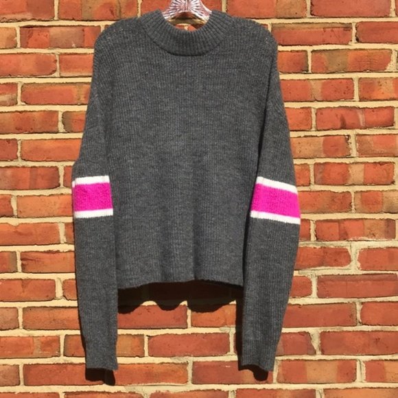 Gray and Pink Revolve John + Jenn Varsity Stripe Mock Neck Sweater - Picture 3 of 13